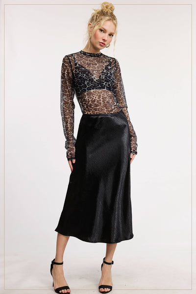High-Waisted Midi Length Satin Effect Solid Skirt