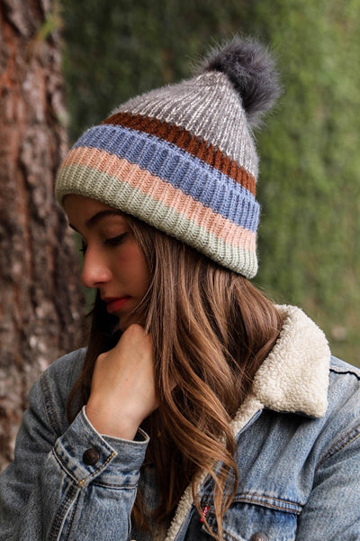 Multi Stripe Knit Pom Hat