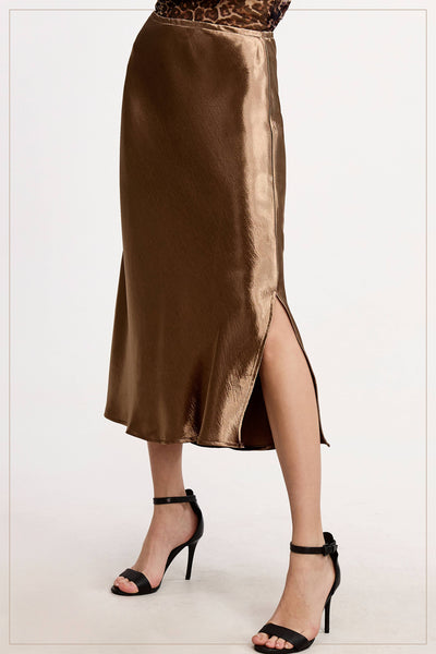 High-Waisted Midi Length Satin Effect Solid Skirt
