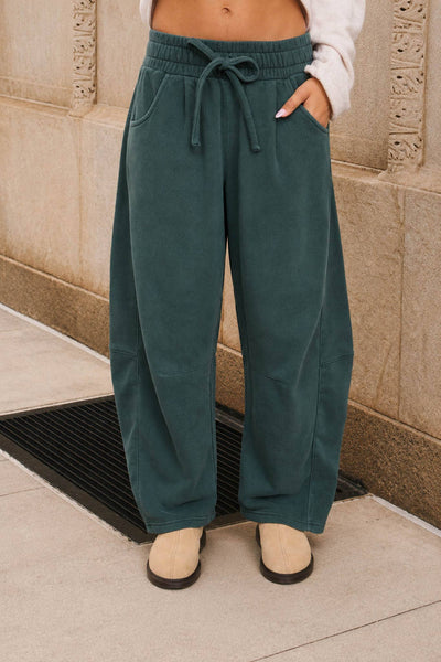 SMOCKED WAIST BARREL LEG SWEATPANTS