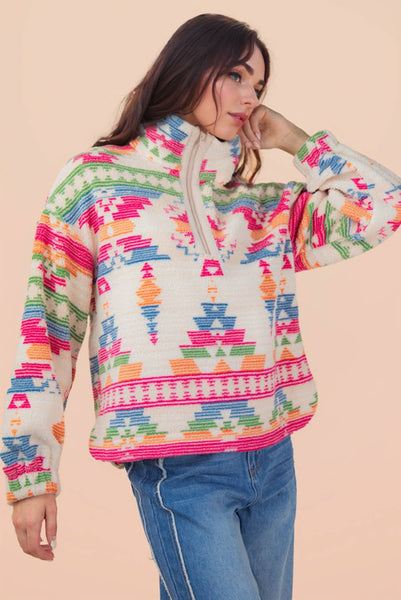 Half Zip Up Aztec Fleece Top