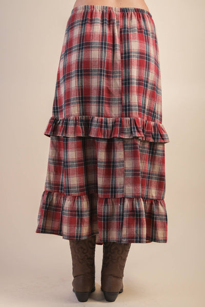 Ruffle Plaid Tiered Midi Skirt
