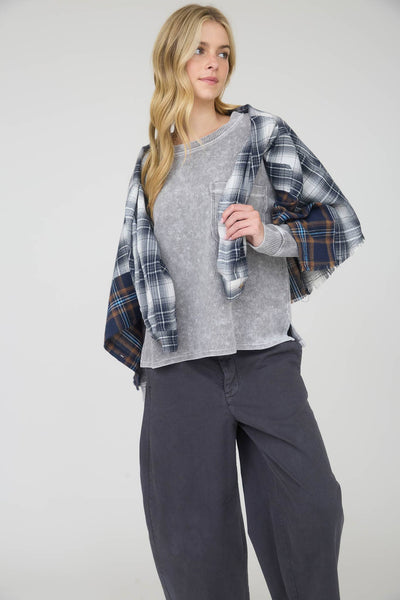 WASHED POCKET LONG SLEEVE RIB KNIT TOP
