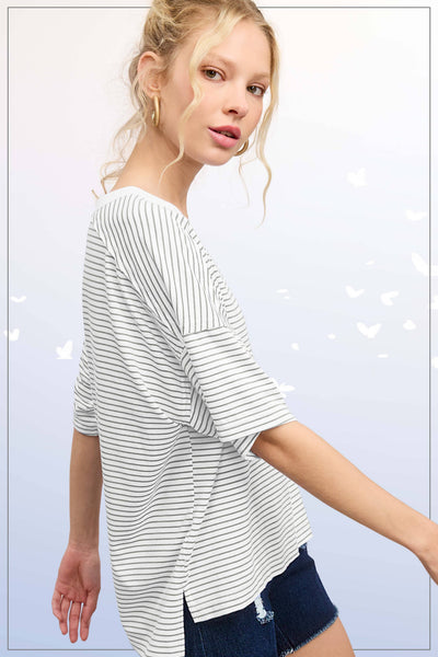 Basic Striped Drop Shoulder Short Sleeves Top