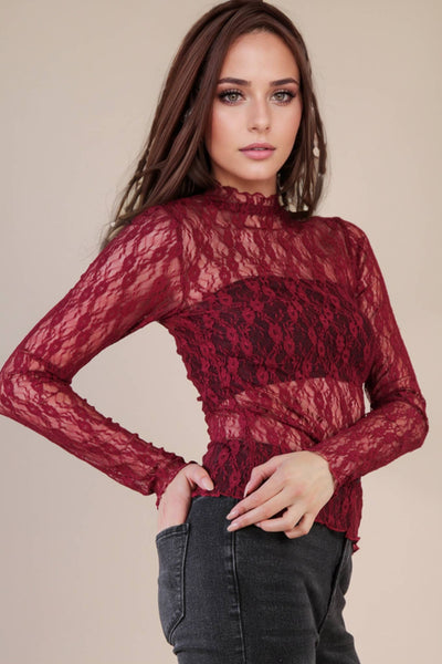 High Neck Fitted Sheer Mesh Lace Knit Top
