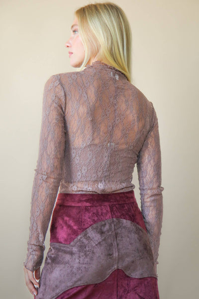 High Neck Fitted Sheer Mesh Lace Knit Top