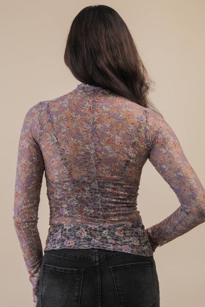 High Neck Fitted Sheer Mesh Lace Knit Top