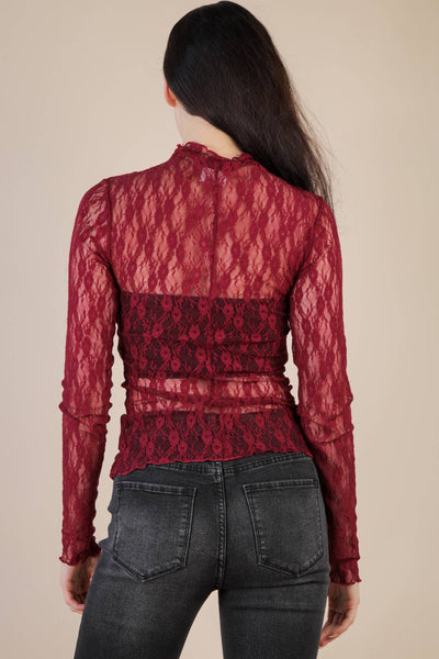 High Neck Fitted Sheer Mesh Lace Knit Top