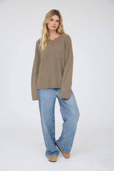 RAW ROLLED EDGE HENLEY SWEATER