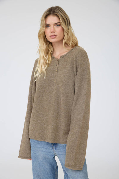 RAW ROLLED EDGE HENLEY SWEATER