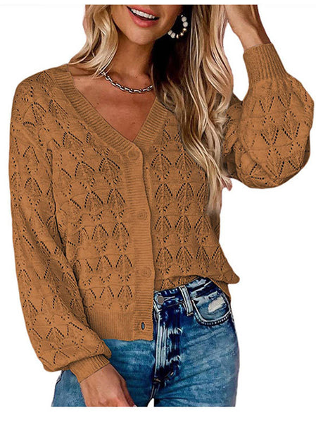 Long Sleeved V-neck Cardigan Knitted Sweater