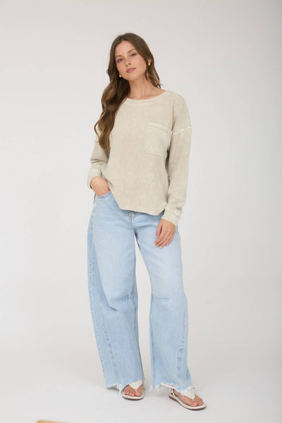 WASHED POCKET LONG SLEEVE RIB KNIT TOP