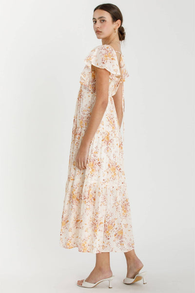 TIERED FLORAL PRINT DRESS W RUFFLE SLEEVES