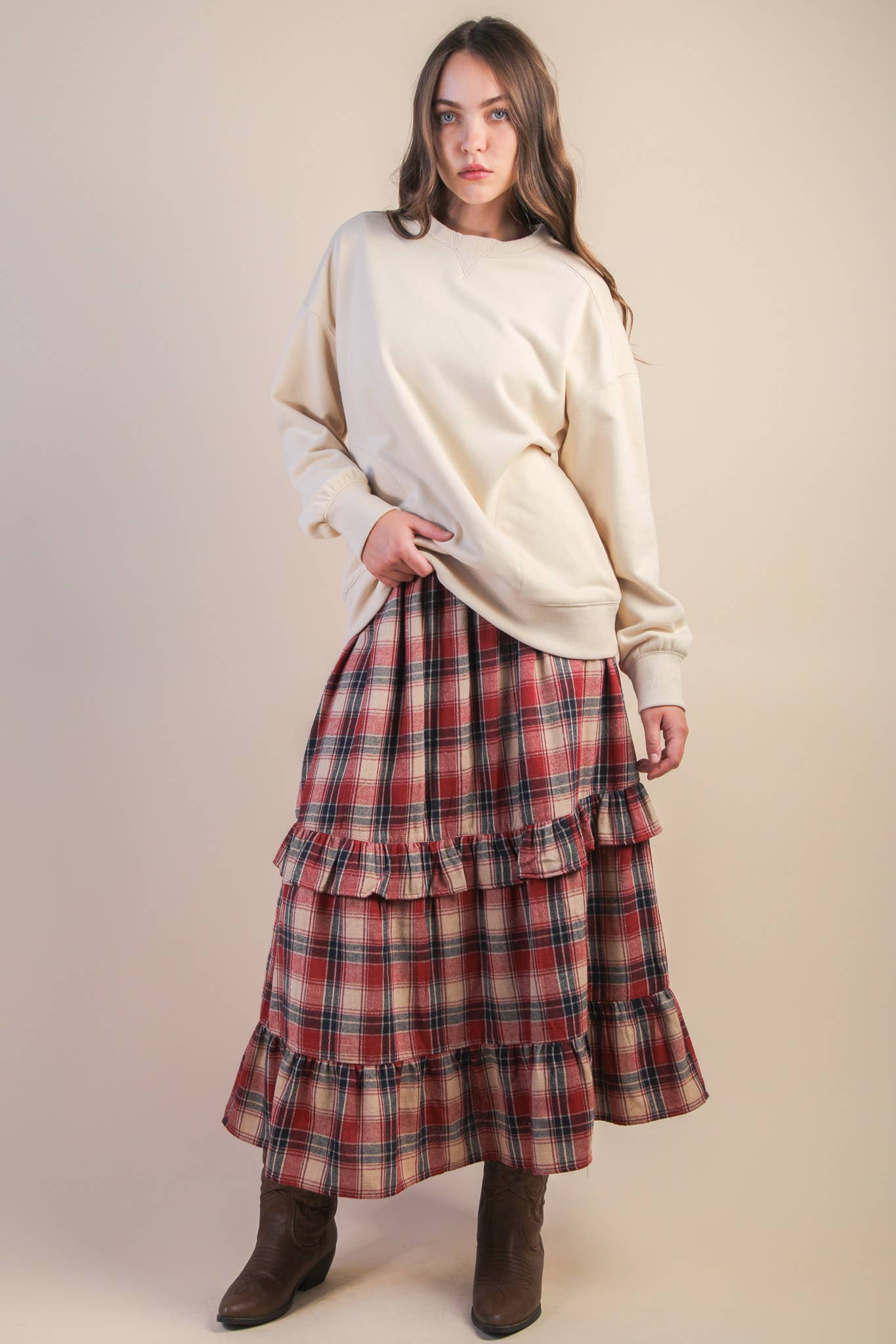 Ruffle Plaid Tiered Midi Skirt