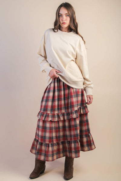 Ruffle Plaid Tiered Midi Skirt