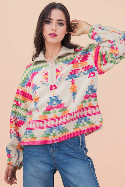 Half Zip Up Aztec Fleece Top