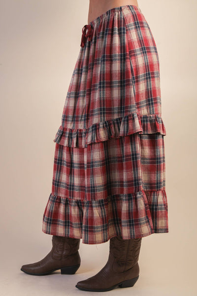 Ruffle Plaid Tiered Midi Skirt
