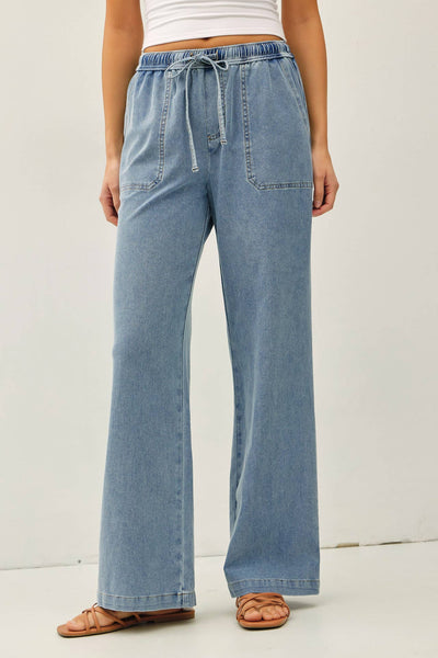 STRETCH DENIM WIDE LEG PULL ON PANTS