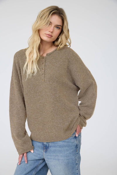 RAW ROLLED EDGE HENLEY SWEATER