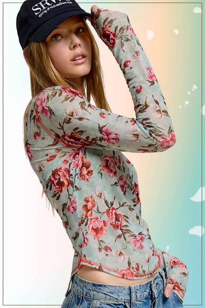 Semi Sheer Long Sleeve Mesh Top
