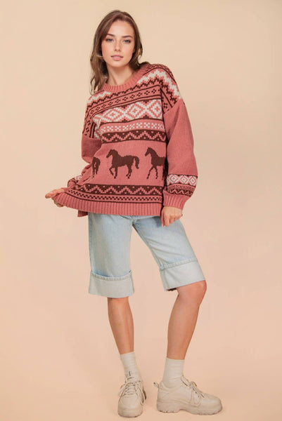 Western Graphic Oversized Knit Sweater Top