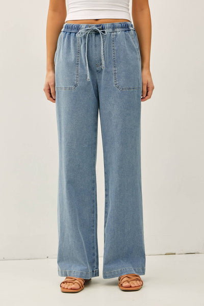 STRETCH DENIM WIDE LEG PULL ON PANTS