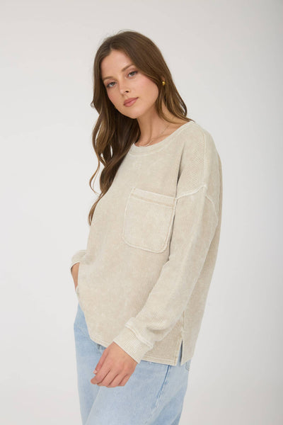 WASHED POCKET LONG SLEEVE RIB KNIT TOP