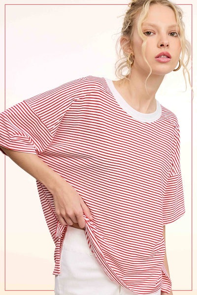 Basic Striped Drop Shoulder Short Sleeves Top