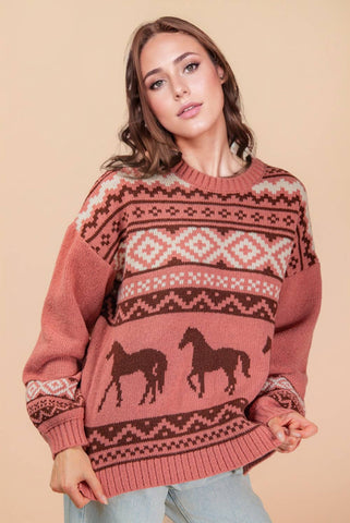 Western Graphic Oversized Knit Sweater Top