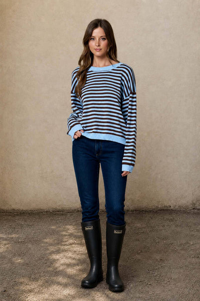 STRIPE RELAXED BACK BUTTON DETAIL KNIT SWEATER