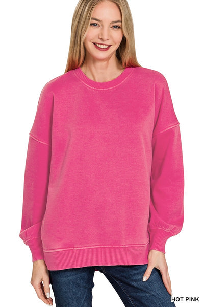 Pigment Dye Fleece Hi-low Hem Pullover With Pocket