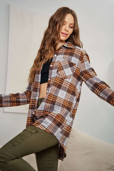 Brown Plaid Button Top