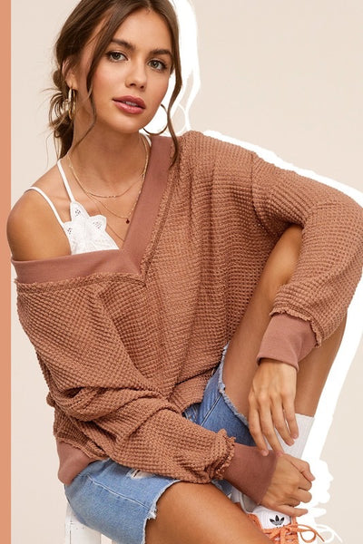 Waffle V-Neck Top