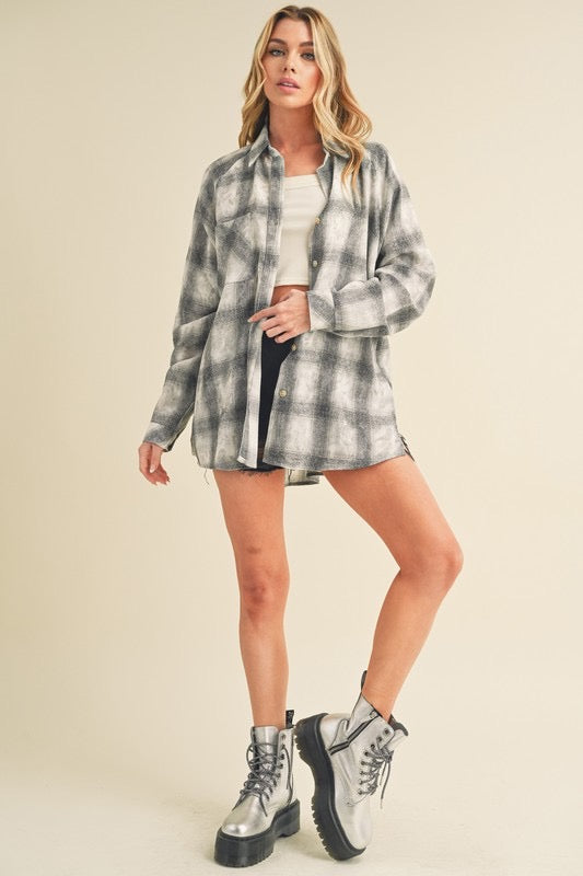 Plaid Washed Button Top