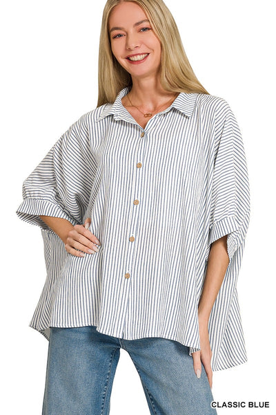 Blue and White Strip Oversized Button Down