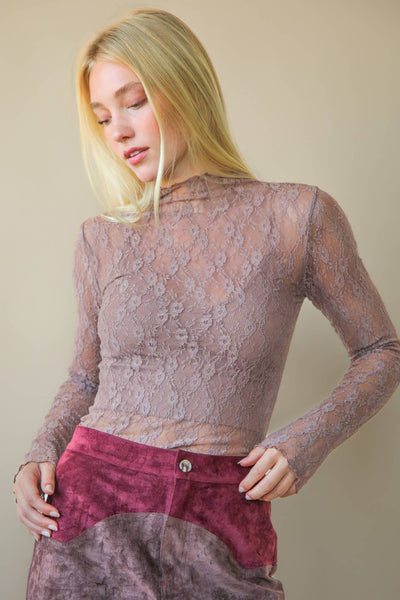 High Neck Fitted Sheer Mesh Lace Knit Top