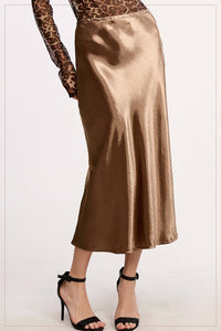 High-Waisted Midi Length Satin Effect Solid Skirt
