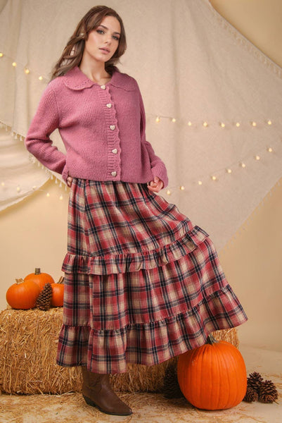 Ruffle Plaid Tiered Midi Skirt