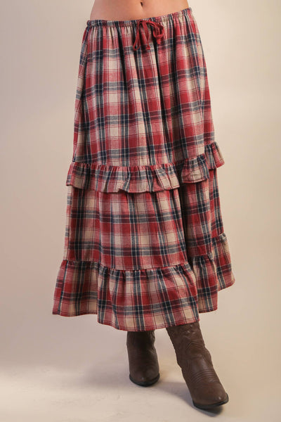Ruffle Plaid Tiered Midi Skirt