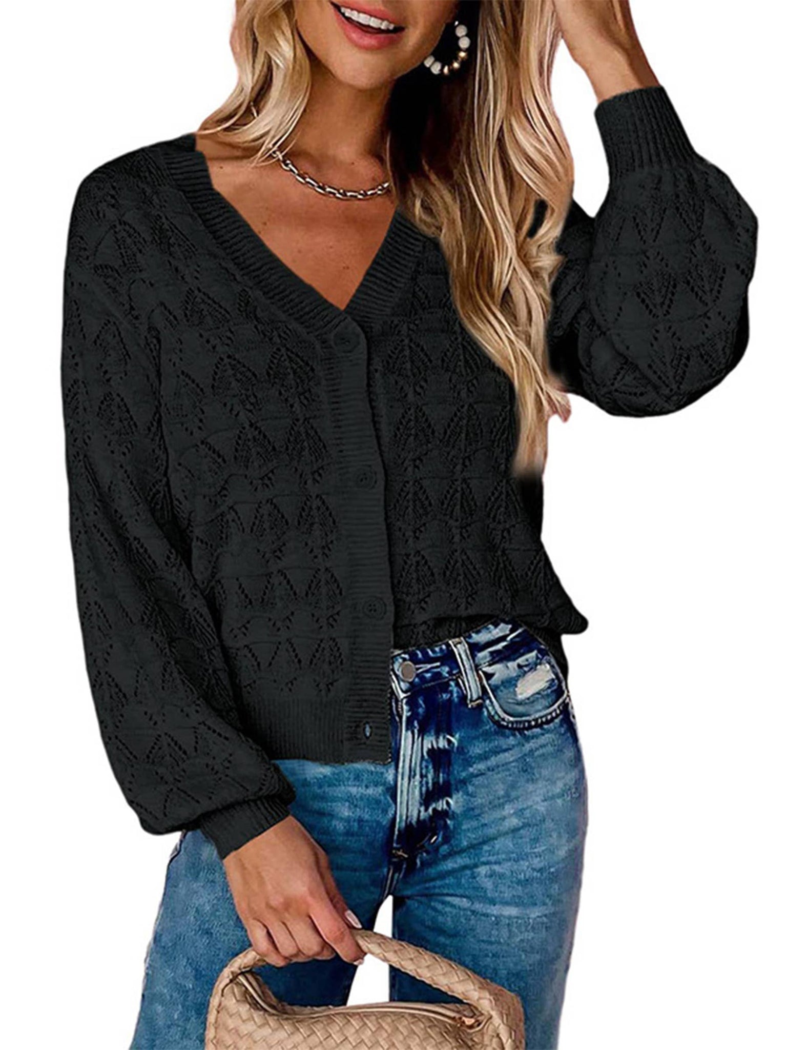 Long Sleeved V-neck Cardigan Knitted Sweater