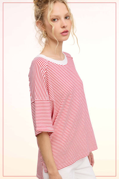Basic Striped Drop Shoulder Short Sleeves Top