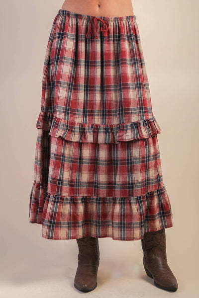 Ruffle Plaid Tiered Midi Skirt