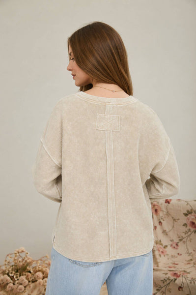 WASHED POCKET LONG SLEEVE RIB KNIT TOP