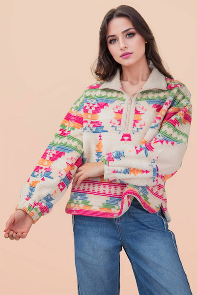 Half Zip Up Aztec Fleece Top
