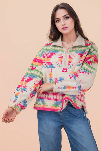 Half Zip Up Aztec Fleece Top