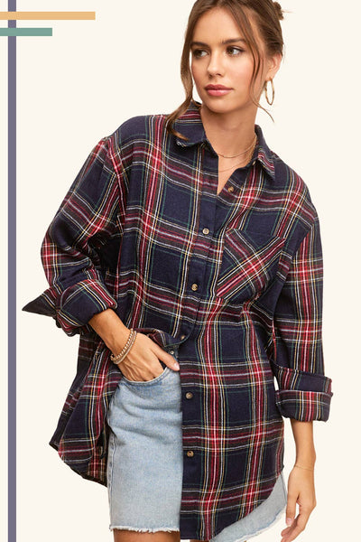Loose Fit Button Down Soft Fabric Plaid Shirts
