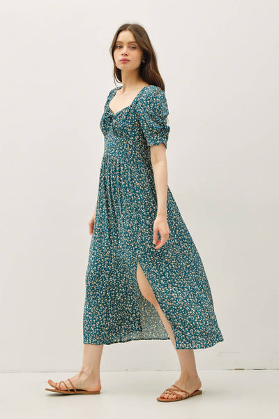 RUCHED BUST DRESS WITH VOLUME SLEEVES