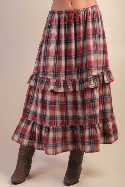 Ruffle Plaid Tiered Midi Skirt