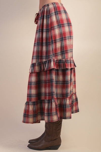 Ruffle Plaid Tiered Midi Skirt