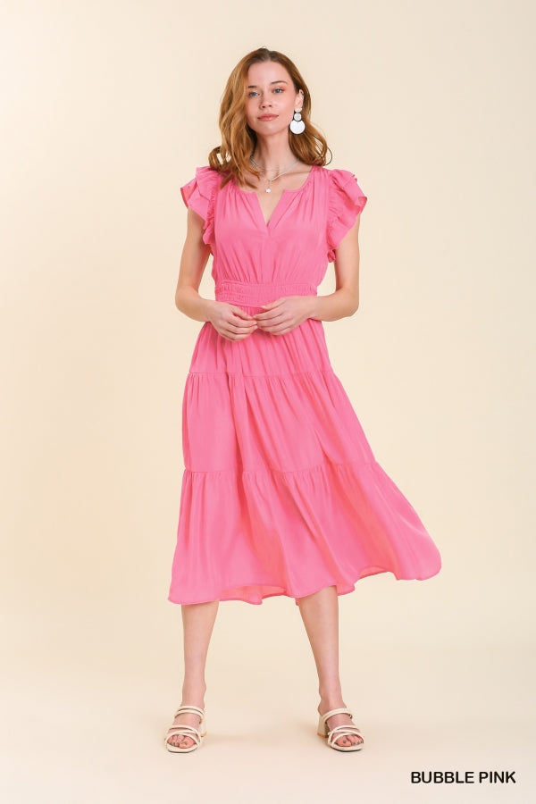 Bubble Pink Smocked Midi Dress